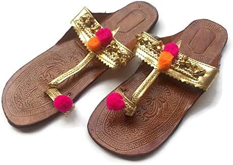 Enhara Womens Silver/Gold Kolhapuri Chappals Embellished with Silver Bells and Pink, Orange Pom Pom Balls, Ethnic Indian Sandals