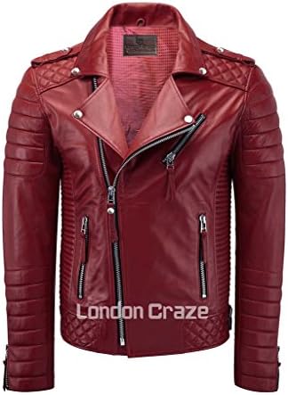 LondonCraze Men's Biker Leather Jacket Dark Red XXXL