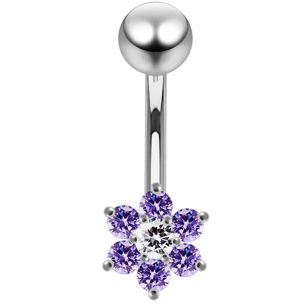 AZARIO LONDON Lavender Crystal Stone Fancy Tiny Flower Sterling Silver Belly Bars Piercing