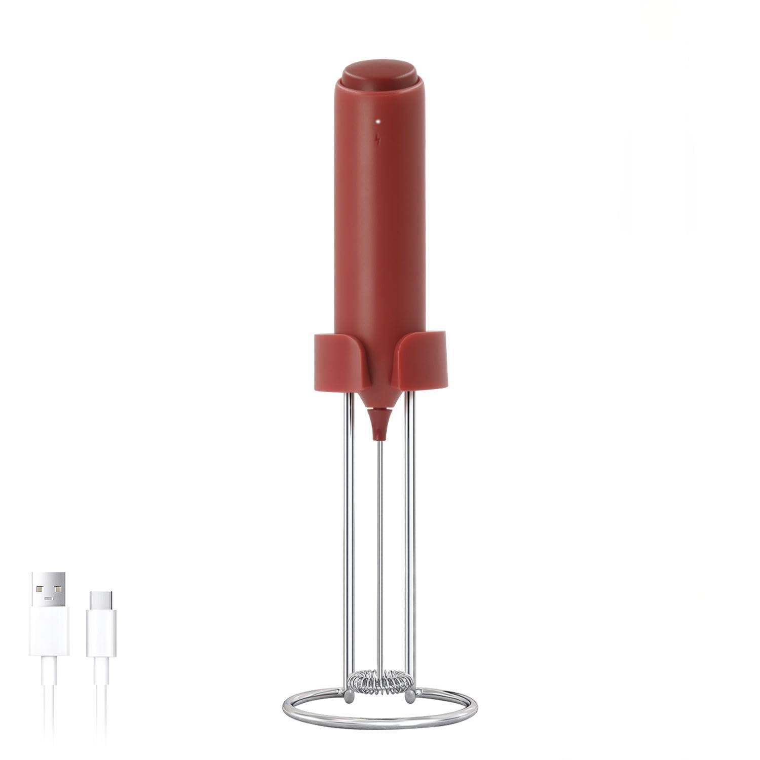 ELMWAY Rechargeable Milk Frother – Handheld Electric Whisk for Coffee, Latte & Matcha, Ergonomic Grip with Charging Stand or Wall Mount Holder – Red