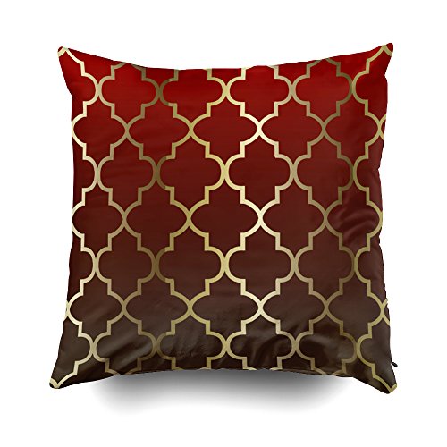 EMMTEEY Home Decor Throw Pillowcase for Sofa Cushion Cover,Dark red and Brown Blend Gold Quatrefoil Pattern Decorative Square Accent Zippered and Double Sided Printing Pillow Case Covers 16X16Inch