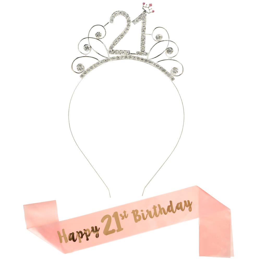 DaricowathX Crown Headband 21 Birthday Tiara Rhinestone Crystal Crown and 21st Birthday Sash for 21st Birthday Decoration Girls Women