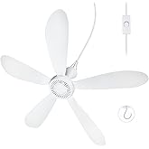SCOOYEEES 28inch AC 110V Portable Ceiling Fan with Switch, Plug in Ceiling Fan Hanging Fan with Hook for Gazebo Camping RV Tent Home Room Outdoor Indoor