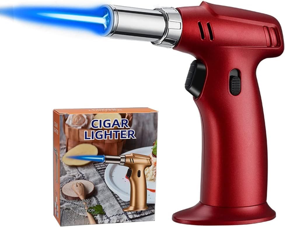 ibforcty Butane Torch, Refillable Culinary Cooking Torch Kitchen Blow Torch Lighter with Safety Lock Adjustable and Lock Flame, Zinc Alloy Titanium Gold Metal, Red