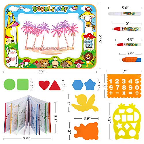 SmilePowo Aqua Magic Water Drawing Mat Set +10 Dinosaur Toy Set, (26 Pcs) ,Children Coloring Mat for Floor, Birthday Gift Kids Toddler Educational Toy Mat, Painting Writing Pad Doodle Board