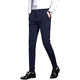 Plaid&Plain Men's Stretch Dress Pants Slim Fit Skinny Suit Pants