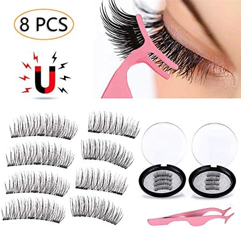 3D Magnetic Eyelashes Natural Full Eye Magnetic Lashes Ultra Thin Reusable & Handmade 3 Magnet Eyelashes Fake Lashes with Eyelash Tweezers (8 Pcs)
