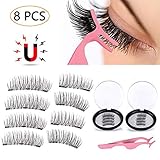 3D Magnetic Eyelashes Natural Full Eye Magnetic Lashes Ultra Thin Reusable & Handmade 3 Magnet Eyelashes Fake Lashes with Eyelash Tweezers (8 Pcs)
