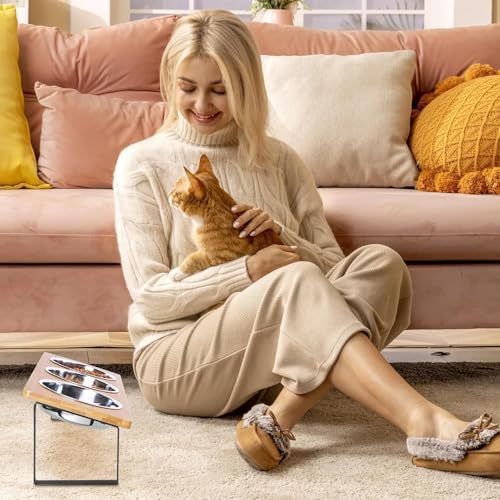 Last page® Elevated Cat Food Bowl, 15°Tilted Cat Bowl Stand with 3 Stainless Steel Raised Cat Bowls for Food and Water, Anti Vomit Feeding Station for Indoor Cats and Pet