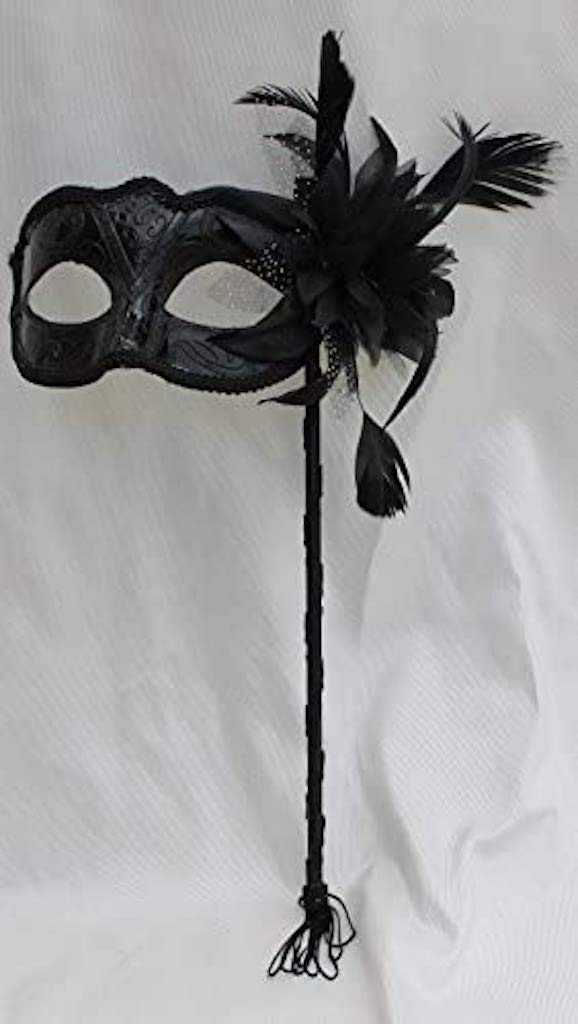 MASK & CO HIGH GLOSS VENETIAN MASQUERADE PARTY EYE MASK WITH FLOWER ON A STICK,Black,8cm Exc Stick