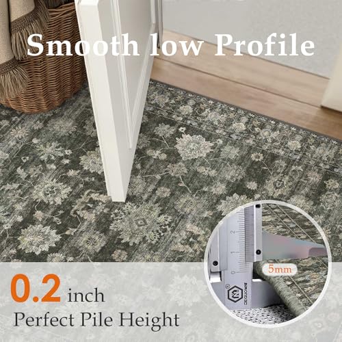 PureCozy Rugs Living Room 200x300cm Green Washable Non Slip Large Vintage Area Bedroom Rug Bedside Nursery Lounge Office Playroom Indoor Big Carpet Low Pile Carpets Retro
