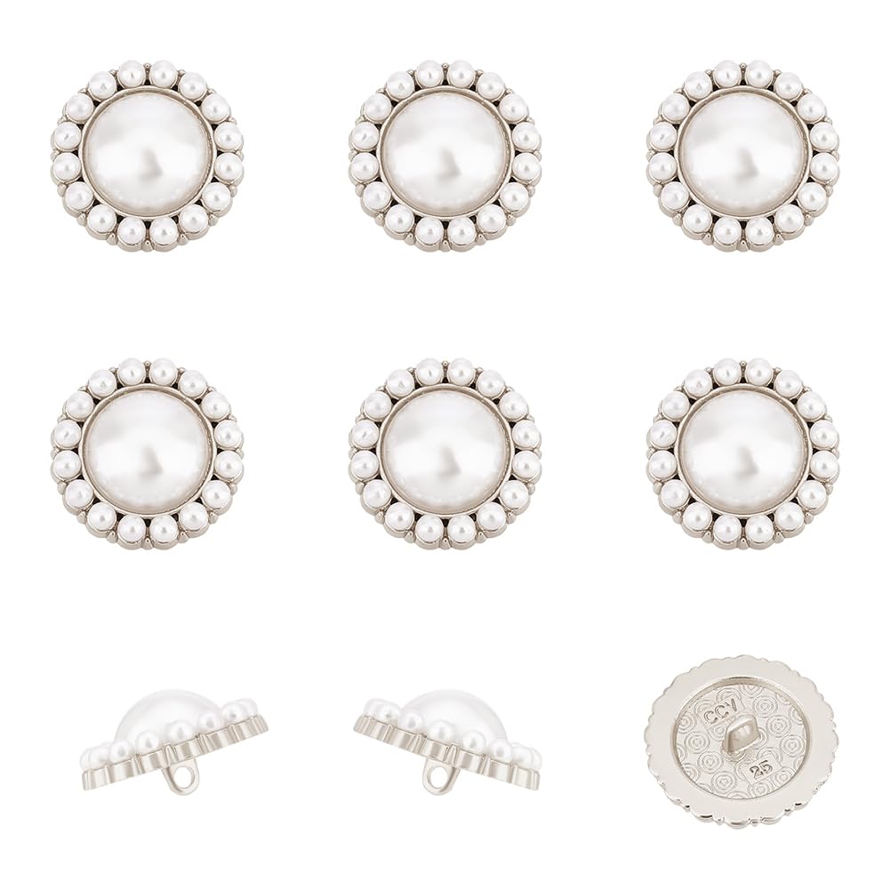 NBEADS 12 Pcs 25mm Metal Flower Shape Pearl Buttons, Plastic Imitation Pearl Shank Button Sewing Craft Buttons Decoration for DIY Scrapbooking Clothing Dressing Embellishments, Platinum