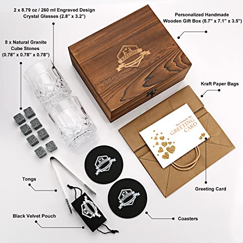 exreizst Juego de Vasos para Whisky de Regalo, con 2 Vasos para Whiskey, Rocas de Whisky – Juego de Caja de Bourbon escocés, Ideal Regalos para Hombres,Papá, Novio,Marido,Cumpleaños Navidad