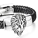 COOLSTEELANDBEYOND Mens Large Braided Leather Bracelet with Stainless Steel Lion and Black Genuine Leather Straps