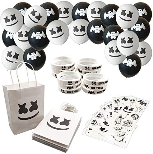 60 Pcs Marshmellow DJ Birthday Party favors - 12 Favor Bags, 24 Balloons, 12 Tattoo Stickers, 12 Bracelets