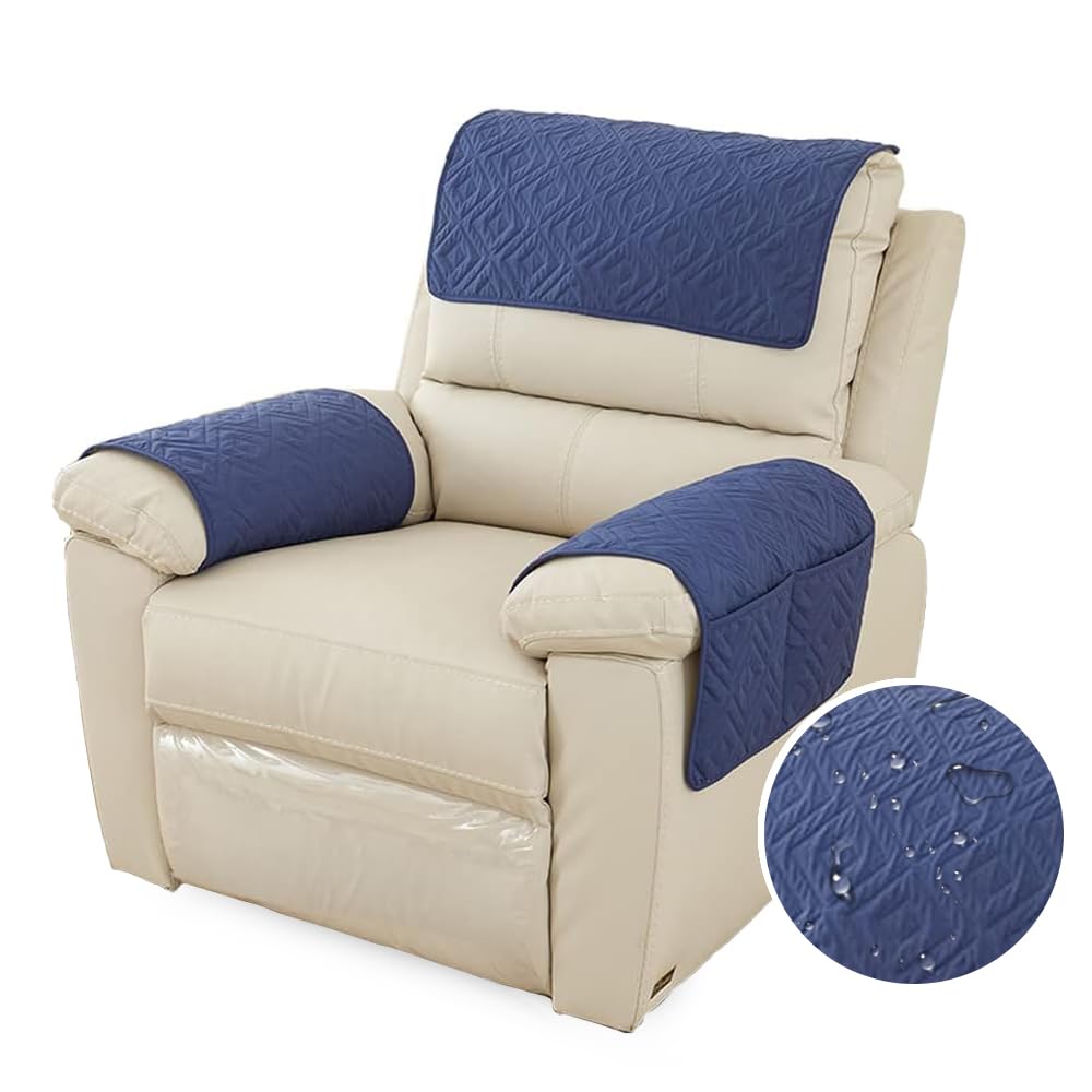 FANSU Armchair Covers for Arms Headrest Cover for Armchair Waterproof Slipcover with Side Pocket Nonslip & Washable & Abrasion Furniture Protector for Cat Dog Pets (1 Seater,Dark blue)