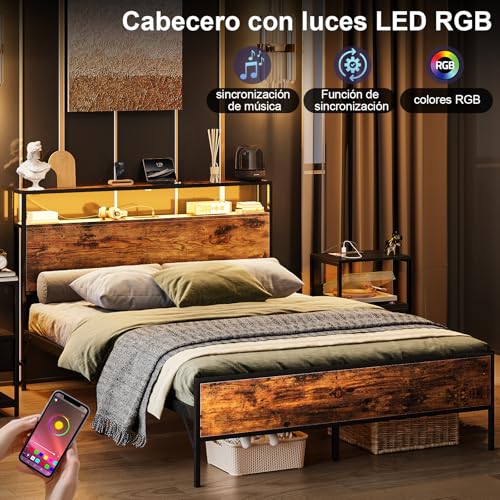 Simple Wisdom Cama Matrimonial 1.4 M con Base y Cabecero de Almacenamiento, 2 Salidas de Carga y 2 Puertos USB y Luces LED (Retro)