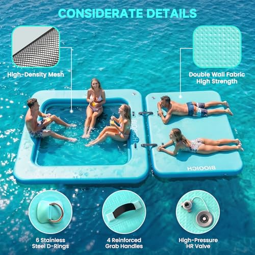 BIOOICH 2 in 1 Inflatable Floating Dock, 8.2FTx7.2FT Floating Mat with Mesh Swim Area & Portable Pool Island Platform with Air Pump, Repair Kit, Storage Bag & Linking Ropes for Swimming, Lake, Beach