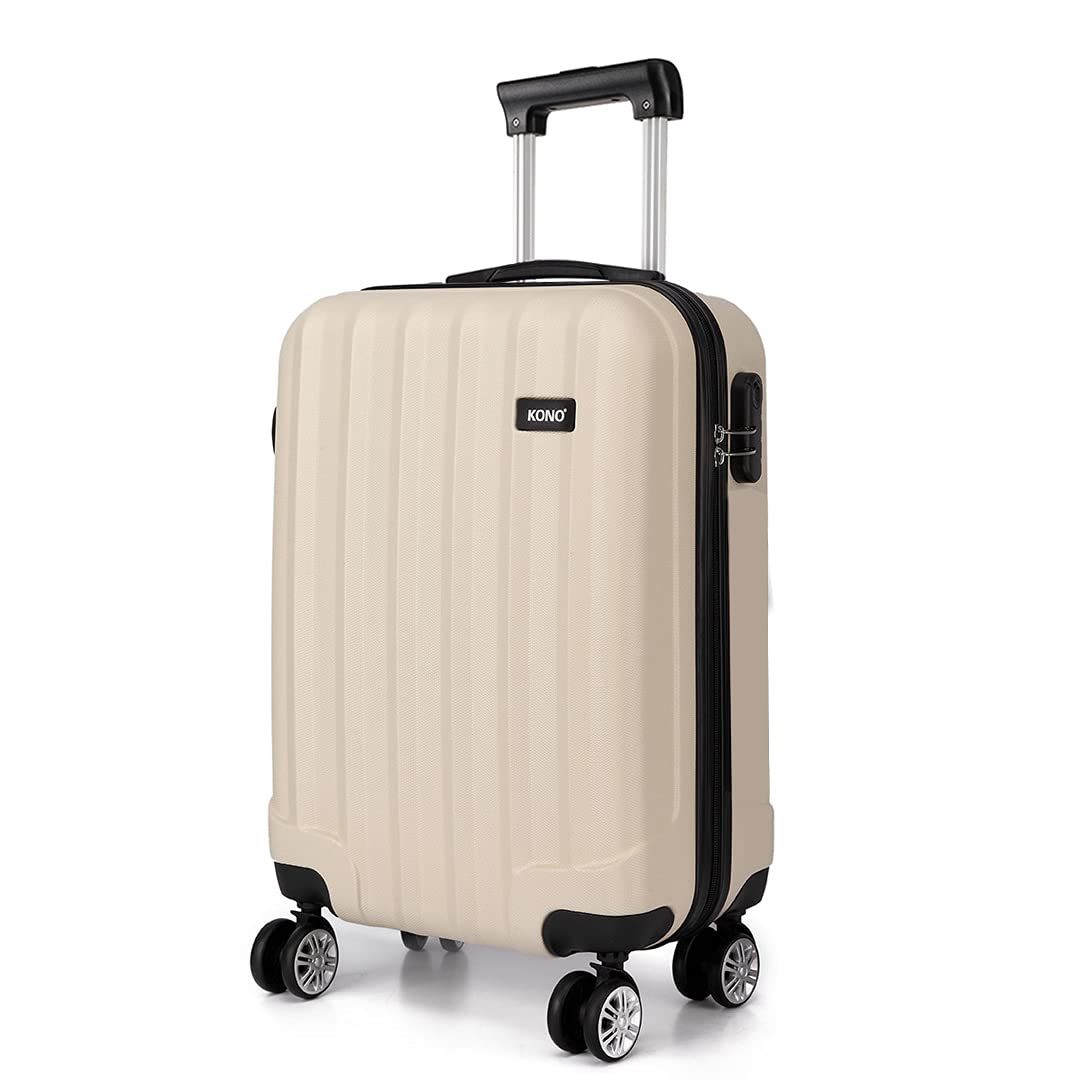 Kono 20” Hand Luggage Super Lightweight PC Suitcase 4 Wheels Spinner Luggage Vertical Strip Travel Trolley Case in Begie (20-inch)