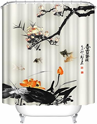 Orange and Black with Koi Shower Curtain. Spa Decor Kin By Nicola, Water Resistant Bathroom Zen Garden Theme Decor View for Magical and Luxurious Bathroom