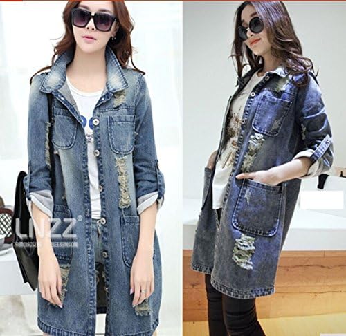 New Fashion Autumn Hole Cardigan Denim Roll Up Jeans Slim Jacket Women Loose Long Outerwear Cowboy Coat Size:XL