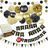 31 Pcs of Black Gold and Cream Birthday and New Years Eve Party Decoration Set Pompom Lanterns Polka Dot Triangle Garland Banner (Black)