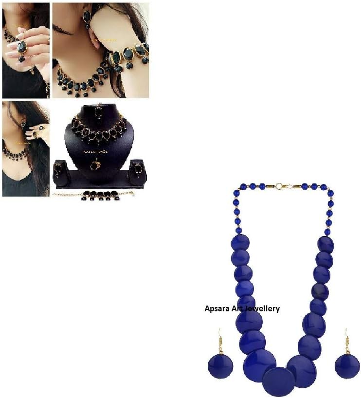 Apsara Art Jewellery Gold Plated Green Stones Studded Necklace, Bracelet, Finger Ring Combo Set for Women & Girls