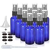 Olilia 1 oz Cobalt Blue Glass Spray Bottles with Black Fine Mist Sprayer Pack of 12, Mini Funnel and Transfer Pipettes included