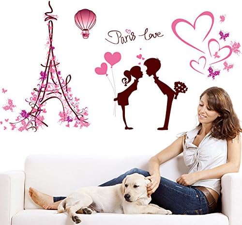 Wallpark "Paris Love" Romantic Pink Flower Butterfly Eiffel Tower &amp; Kissing Lovers Removable Wall Sticker Decal, Living Room Bedroom Home Decoration Adhesive DIY Art Wall Mural