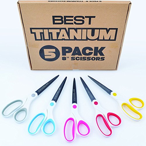 Best Titanium Scissors - 5 Pack - 8" Blade - (STRONG TITANIUM STEEL) - Comfortable Soft Handles in a Variety of Colors - Multi-Purpose Shears - Perfect for Cutting Paper, Fabric, Photos, & More