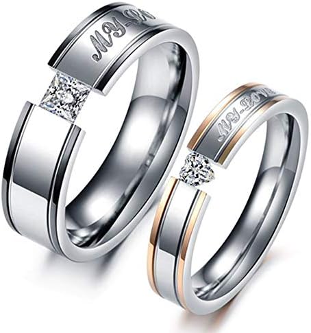 XBYBEI Men Women Cut Crystal Stainless Steel Engrave My Love Couple Ring Engagement Wedding Promise Silver Band