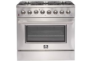 FORNO Galiano Dual Fuel 36" Inch. Freestanding Range 6 Sealed Brass Burners Cooktop - 5.36 Cu. Ft. Convection Electric Oven - Stainless Steel Stove Range Heavy Duty Cast Iron Grates