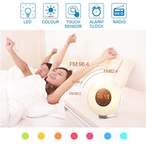 Wake Up Light Alarm Clock, Digital Alarm Clock with Colored Sunrise Simulation, 7 Colors, 6 Nature Sounds, FM Radio, Touch Control for Heavy Sleepers - Thumbnail 7