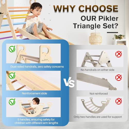 BlueWood Pikler Triangle Set 7in1 Foldable Baby Climbing Toys Wooden Montessori Climbing Set with Arch&Ramp&Ladder Baby Climber Indoor Jungle Gyms for Toddlers Montessori Toys - Mauve Pink