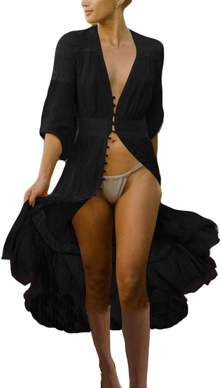 Bikini Cover up Women Boho Beach Wears for Summer Holiday Vocation Button Down Lace Black (one Size, LF-7096)
