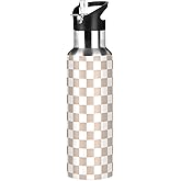 Brown White Checkered Water Bottle Leakproof Insulated Stainless Steel Hot Cold Water Flask with Straw Lid for Sports Travel 20 oz