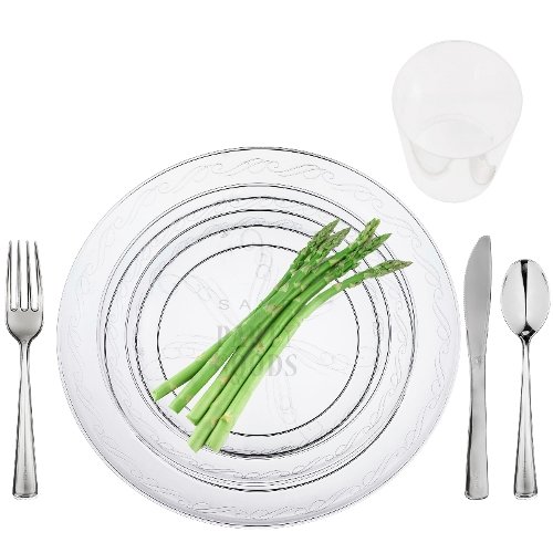 100 Full Table Settings Party Package Elegant Disposable Clear Plates - Cups - Cutlery