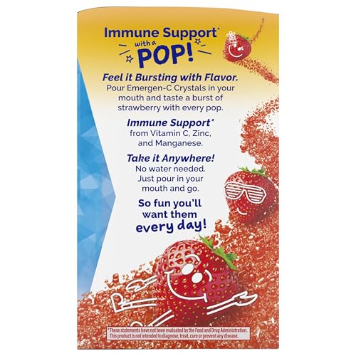 EMERGEN-C KIDZ CRYSTALS, ON-THE-GO EMERGEN-C IMMUNE SUPPORT SUPPLEMENT WITH VITAMIN C, B VITAMINS, ZINC AND MANGANESE, SPARKLY STRAWBERRY, STOCKING STUFFER – 56 STICK PACKS