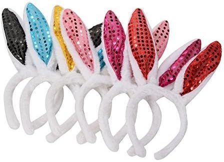 GoaPly Cute Bendable Sequins Bunny Ears Headbands, Pack of 6 Hairbands in Assorted Colors, Size 11.8x4.7"", Easter Holiday Cosutume Accessories Party Favors