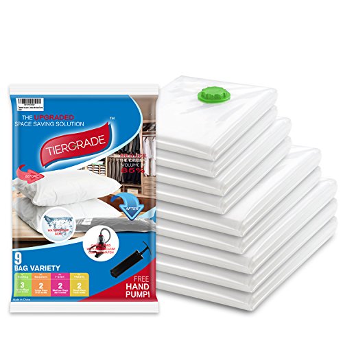Vacuum Storage Bags, Vacuum Bags, Tiergrade 9 Variety Pack Vacuum Compression Clothing Storage Seal Bag Air Tight Space Travel Bags for Bedding Clothes Blankets Comforters Duvets with Hand Pump