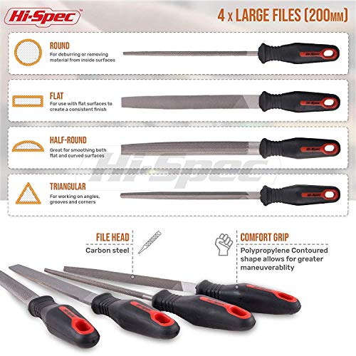 Hi-Spec 16 piece Carbon-Steel File Set with 200mm Flat, Half-round, Round, Triangle Files & 8 x Needle Files for Woodwork, Metal, Model & Hobby Applications
