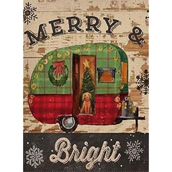 Selmad Home Decorative Merry Bright Christmas Garden Flag Plaid Trailer Double Sided, Rustic Xmas Quote House Yard Flag Camper Dog, Winter Holiday Yard Decorations, Seasonal Outdoor Flag 12 x 18
