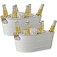 Ice Bucket Galvanized Tub, 2 Pcs 3 Gallon Oval Beverage Tub, Drink Cooler Ice Buckets for Parties, Metal Bucket with Rattan Handle for Beer Whiskey Wine and Cocktails (White)