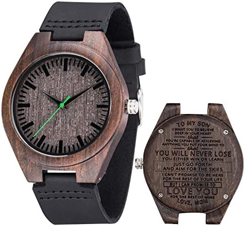Engraved Wood Watch for Men,Japanese Movement Analog Quartz Black Sandalwood Mens Watches for Father Son Husband with Leather Strap,Packed in a Box