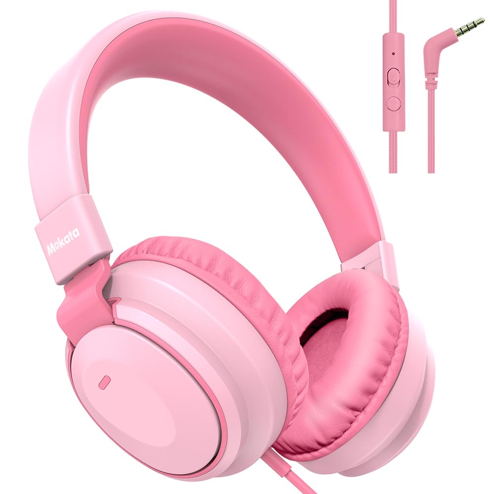 Mokata Headphone Kids Volume Limited 85/94dB Wired Over-Ear/On-Earr Foldable Headset with Inline Cable Aux 3.5mm Cord Mic for Toddler Boy Girl Child Back to School Study Pad Tablet Pink