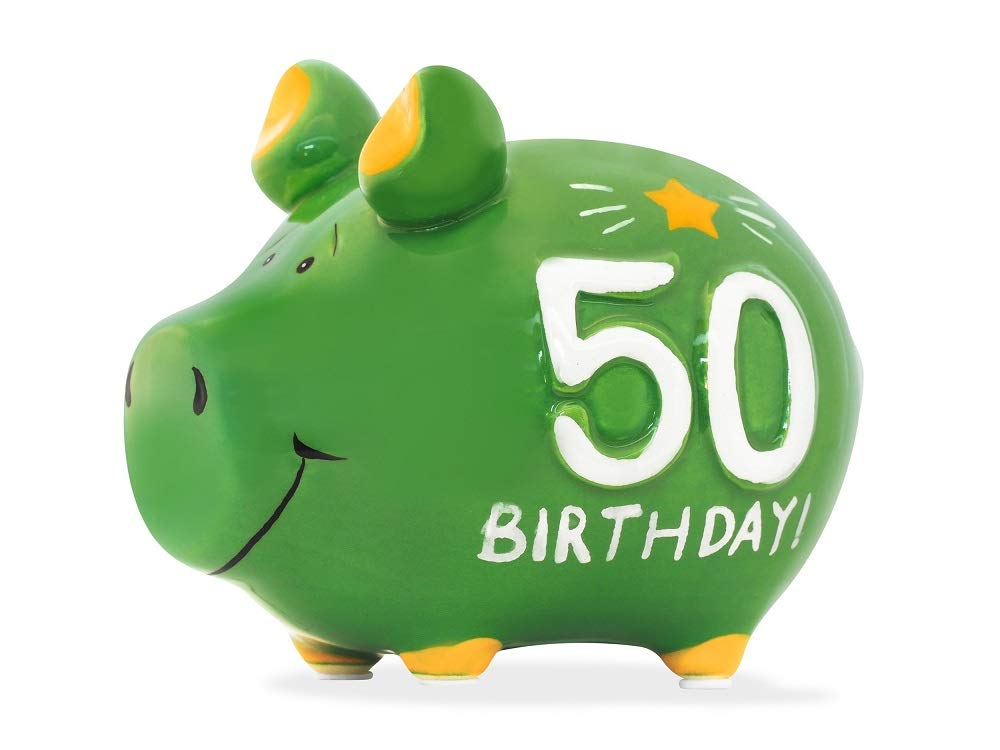 KCG ceramic piggy bank approx. 12.5 cm x 9 cm, birthday 50 year number, 20 x 15 x 3 cm.