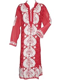 Women's Long Tunic Pink White Floral Embroidered Georgette Caftan Dress xxxl