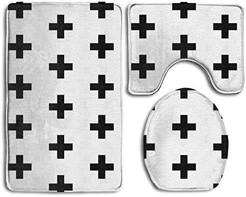 Digital Color Printing Classic Black White Cross Soft Toilet Carpet Three Pieces,Non Slip Bathroom Rugs,Toilet Lid Cover,U-Shaped Toilet Mat
