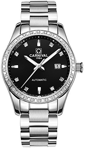Womens Analog Luminous and Bezel Inlay Rhinestones Fashion Automatic Mechanical Calendar Female Watch (Black)