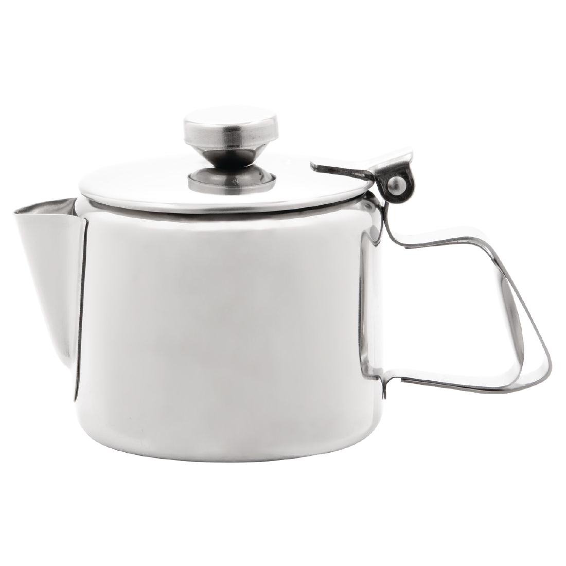 Olympia Stainless Steel Teapot, 10 oz, Silver, High Polish Mirror Finish, Heat-Resistant Handle, Hinged Lid Design, Dishwasher Safe